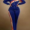 Plus Size Striped Print Jacket & Pants Set; Women's Plus Slight Stretch 2pcs Casual Set Outfits