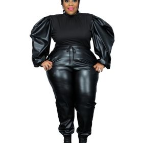 Plus Size Contrast Layer Solid Puff Sleeve Tops & Sweatpants Set; Women's Plus Medium Stretch 2pcs Set Outfits (Color: Black, size: 1XL(14))