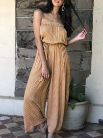 Boho Wide Leg Tube Jumpsuit; Casual Holiday Backless Tie Front Jumpsuit For Spring & Summer (Color: Yellow, size: L(8/10))