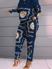 Plus Size Geometric Print Long Sleeve Tops & Pants Set; Women's Plus Slight Stretch Casual 2pcs Set Outfits (Color: Navy blue, size: 2XL)
