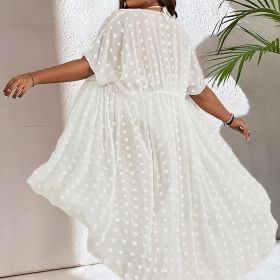 Plus Size Swiss Dot Short Sleeve Drawstring Cardigan; Women's Plus Slight Stretch Semi Sheer Cardigan (Color: Milky, size: 1XL(14))