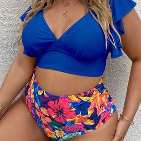 Plus Size Colorblock Tropical Print Bikini Set; Women's Plus Ruffle Sleeve High Waist Boho Swimsuit Set Bathing Suit Set (Color: Royal Blue, size: 1XL(14))