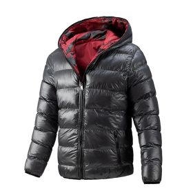 Men's Winter Quilted Jacket Hooded Thick Double Sided Coat High Quality Smooth Shiny Zipper Casual Sport Business Fashion Trend (Color: Gray, size: L)