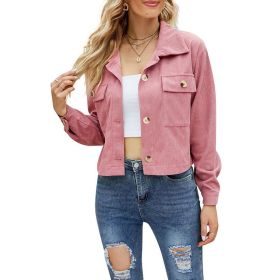Spring Autumn Corduroy Short Thin Jacket Women Retro Vintage Casual Loose Chest Pockets Long Sleeves Single-breasted Lapel Tops (Color: Pink, size: XL)