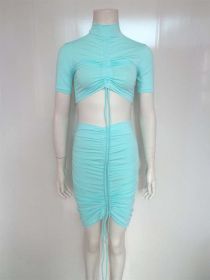 Neon Green Yellow Sexy Two Piece Set Women Turtleneck Short Sleeve Crop Top+ Pleated Bodycon Dress Tracksuit 2 Piece Club Outfit (Color: Sky blue, size: XL)