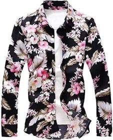 Men's Casual Floral Shirts Fashion Slim Fit T-Shirts Long Sleeve Lapel Button Down Shirts (Color: 09-M)