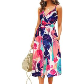 Summer Print Boho Women Beach Dress With Pockets Suspender Skirt Loose Sexy Casual Big Size S-3XL Vacation Travel Camping Street (Color: Pink blue, size: XXL)