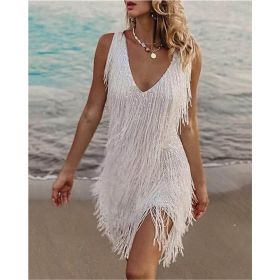 New Women Mini Ball Gown Slim Fit Evening Dress Elegant Vintage Sexy Fringe V-Neck Sleeveless Back Zipper Banquet Party (Color: Sliver white, size: S)