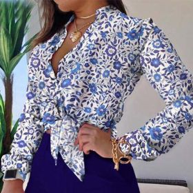 Fashion women's new shirt light mature long-sleeved printed standing collar temperament female shirt (Color: dark blue, size: XL)