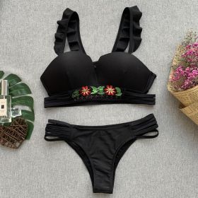 New Embroidered Bikini Solid Color Ruffled Swimsuit Ladies Split Swimsuit Chinese Style Bikini (Color: Black, size: M)