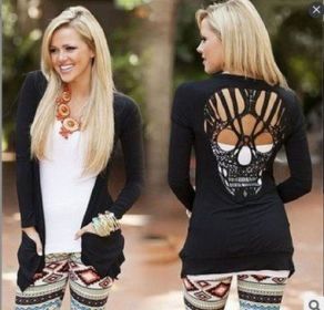 Sexy Backless Crochet Lace Long Cardigans Jacket Spring Long Sleeve Hollow Oversized Skull Pattern Cardigan Women Blouse (Color: Black, size: M)