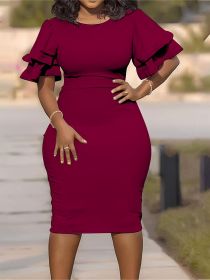 Plus Size Ruffle Trim Solid Round Neck Bodycon Dress; Women's Plus Elegant Medium Stretch Bodycon Dress (Color: Pink, size: 7XL)