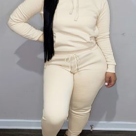 Plus Size Hoodie Drawstring Sweatshirt & Sweatpants Set; Women's Plus Solid Medium Stretch Casual 2pcs Set Outfits (Color: Khaki, size: 3XL(18))