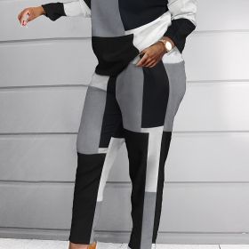 Plus Size Colorblock Long Sleeve Tops & Pants Set; Women's Plus Slight Stretch Casual 2pcs Set Outfits (Color: Black, size: 0XL(12))