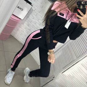 Two-piece autumn and winter women's mesh stitching hooded hoodies + pants sports and leisure suit (Color: Light green, size: L)