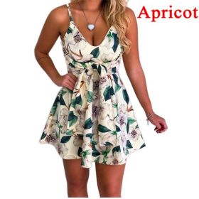 summer women's new sexy fashion V-neck sling sleeveless halter bandage printed swing dress (Color: multicolor, size: L)