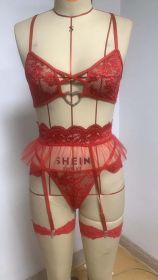Ladies Red Fashion Valentine's Day Suit Three Piece Lingerie (Color: Red, size: L)