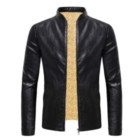 Winter Fleece Leather Jacket Men PU Faux Warm Suede Fashion Stand Collar Casual Solid Motorcycle Leather Jackets Coat Men (Color: Black, size: L)