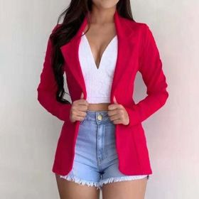 Autumn Thin Blazer Fashion Women's Casual Office Lapel Long-sleeved Solid Color Jacket Suit Single Button Slim Small Blazer (Color: Red, size: L)