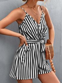 Sleeveless Summer Jumpsuit Women Casual Stripe (Color: Black, size: L)