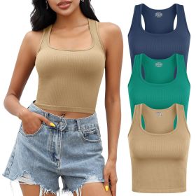 Tank Top for Women, 3 Pack Ribbed Seamless Racerback Yoga Crop Tops for Workout Running Gym Sport, Sleeveless Exercise Shirt for Daily Wearing (Color: LightCoffee+Navy+Green, size: M)