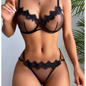 Sexy Women Clothing Mesh Water Soluble Floral Underwear Bra Sexy Suit (Color: Black, size: S)