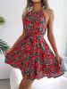 Floral Print Belted Beach Dress; Sleeveless Casual Vacation Dress For Summer & Spring