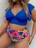 Plus Size Colorblock Tropical Print Bikini Set; Women's Plus Ruffle Sleeve High Waist Boho Swimsuit Set Bathing Suit Set