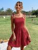 Solid Backless Pleated Cami Dresses; Spaghetti Strap Solid Vacation Dress; Women's Clothing