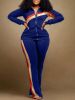 Plus Size Striped Print Jacket & Pants Set; Women's Plus Slight Stretch 2pcs Casual Set Outfits