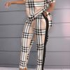 Plus Size Colorblock Plaid Pattern Short Sleeve Tops & Pants Set; Women's Plus Casual Two Pieces Set Outfits