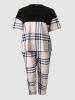 Plus Size Colorblock Plaid Pattern Short Sleeve Tops & Pants Set; Women's Plus Casual Two Pieces Set Outfits