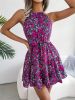 Floral Print Belted Beach Dress; Sleeveless Casual Vacation Dress For Summer & Spring