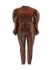 Plus Size Contrast Layer Solid Puff Sleeve Tops & Sweatpants Set; Women's Plus Medium Stretch 2pcs Set Outfits