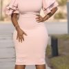 Plus Size Ruffle Trim Solid Round Neck Bodycon Dress; Women's Plus Elegant Medium Stretch Bodycon Dress
