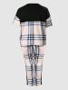 Plus Size Colorblock Plaid Pattern Short Sleeve Tops & Pants Set; Women's Plus Casual Two Pieces Set Outfits