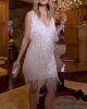 New Women Mini Ball Gown Slim Fit Evening Dress Elegant Vintage Sexy Fringe V-Neck Sleeveless Back Zipper Banquet Party