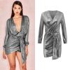 Hot Spring and Summer Deep V-neck Solid Color Irregular Skirt Long-sleeved Dress