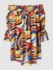 Plus Size Off Shoulder Ruffle Sleeve Geometric Print Shirred Midi Dress; Women's Plus Casual Shirred Midi Dress