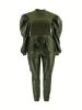 Plus Size Contrast Layer Solid Puff Sleeve Tops & Sweatpants Set; Women's Plus Medium Stretch 2pcs Set Outfits