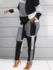 Plus Size Colorblock Long Sleeve Tops & Pants Set; Women's Plus Slight Stretch Casual 2pcs Set Outfits