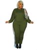 Plus Size Fringe Trim Sweatshirt & High Waist Sweatpants Set; Women's Plus Casual Medium Stretch Two Pieces Set Outfits