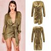 Hot Spring and Summer Deep V-neck Solid Color Irregular Skirt Long-sleeved Dress