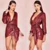 Hot Spring and Summer Deep V-neck Solid Color Irregular Skirt Long-sleeved Dress