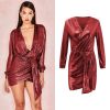 Hot Spring and Summer Deep V-neck Solid Color Irregular Skirt Long-sleeved Dress