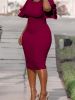 Plus Size Ruffle Trim Solid Round Neck Bodycon Dress; Women's Plus Elegant Medium Stretch Bodycon Dress