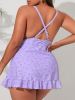Plus Size Ditsy Floral Print V Neck Ruffle Hem One Piece Swimsuit; Women's Plus High Stretch Sexy One Piece Bathing Suit Beachwear