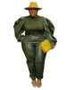 Plus Size Contrast Layer Solid Puff Sleeve Tops & Sweatpants Set; Women's Plus Medium Stretch 2pcs Set Outfits