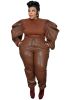 Plus Size Contrast Layer Solid Puff Sleeve Tops & Sweatpants Set; Women's Plus Medium Stretch 2pcs Set Outfits
