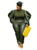 Plus Size Contrast Layer Solid Puff Sleeve Tops & Sweatpants Set; Women's Plus Medium Stretch 2pcs Set Outfits